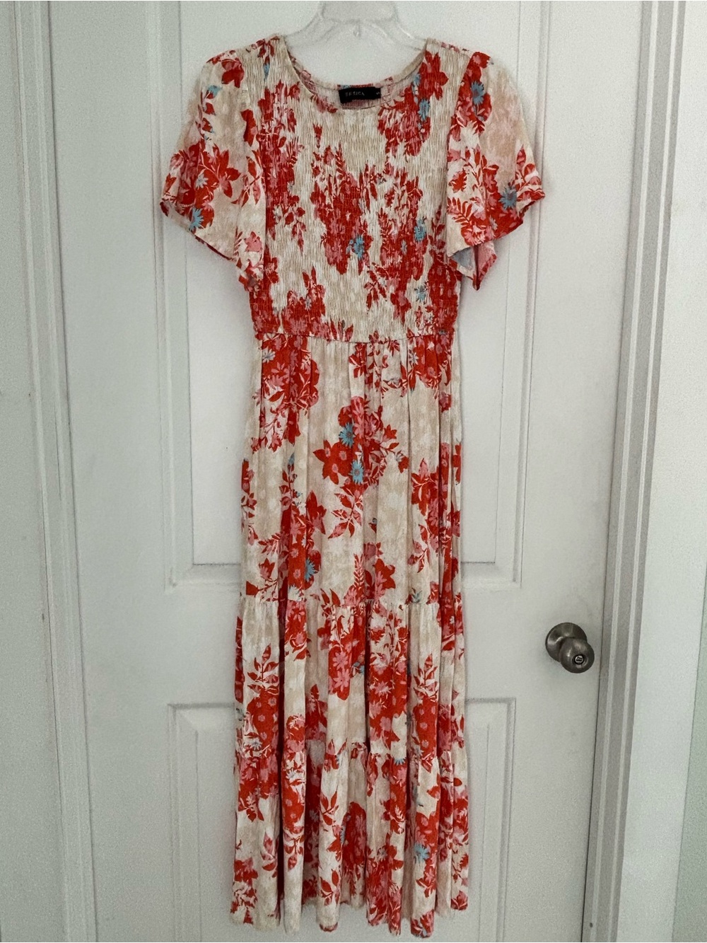Zesica Floral Orange Maxi Dress Smocked Bodice Tiered Skirt Boho Beach